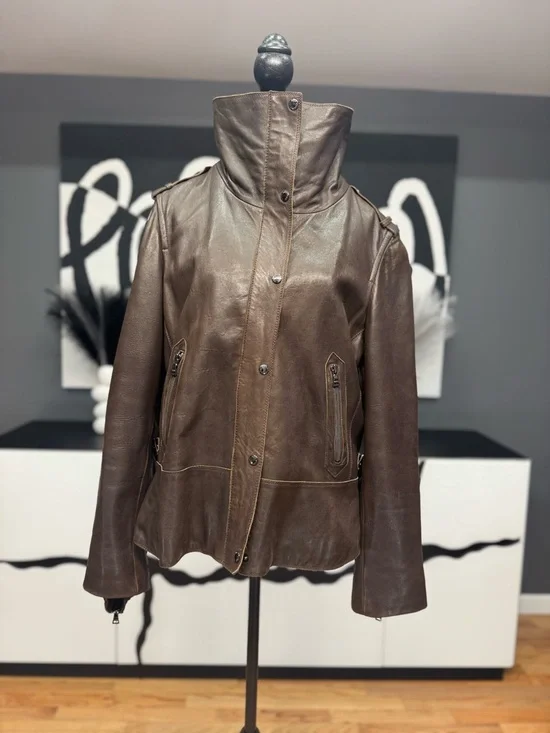 Andrew Marc New York Dark Brown Leather High Collar Jacket Womens XL Classic Y2K
